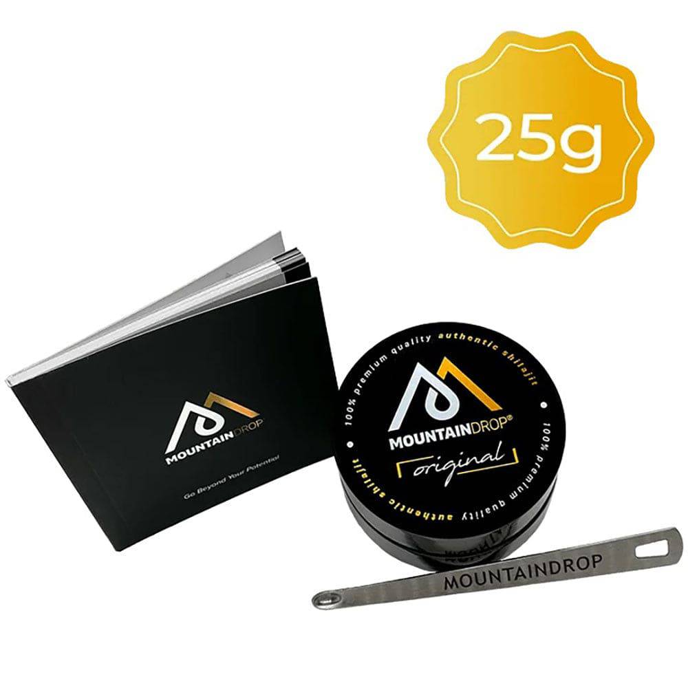 Premium 25g jar of MountainDrop Herbalistas pure natural Shilajit resin, high-quality Mumijo product for health and wellness.