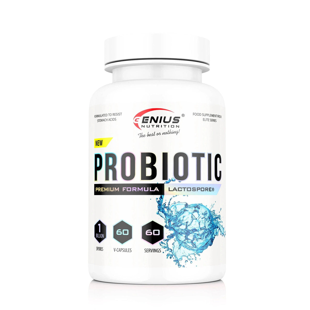 Genius Nutrition probiotic supplement bottle with 60 capsules, dietary supplement for digestive health.