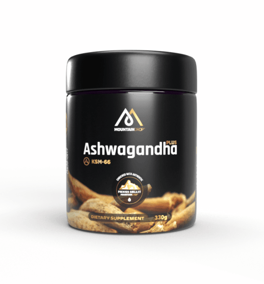Herbalistas MountainDrop Shilajit 25g blend with Ashwagandha and raw chestnut honey in a jar, showing the product label and contents.
