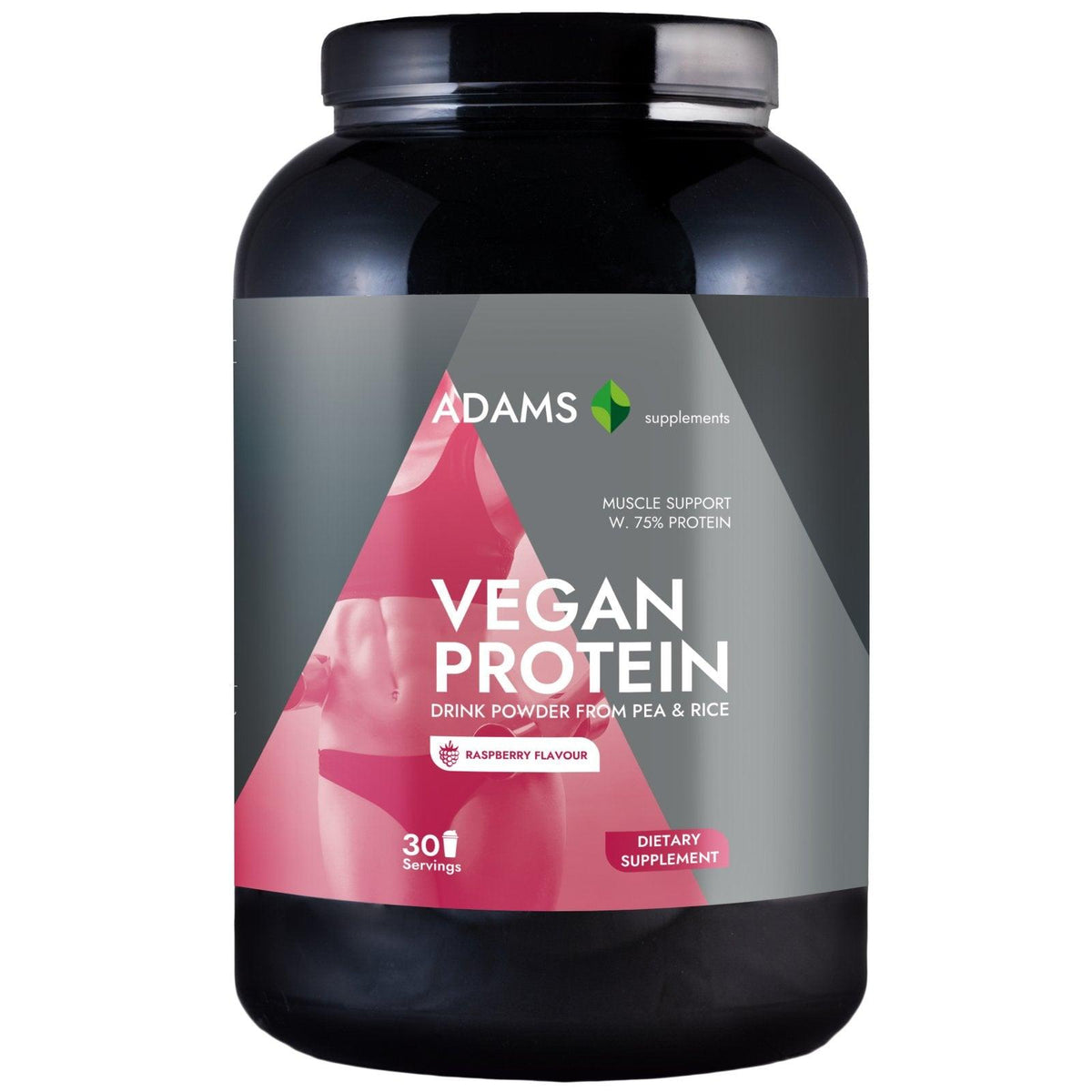 Vegan protein powder by Adams Supplements in 908g container with raspberry aroma, high-quality plant-based protein supplement.
