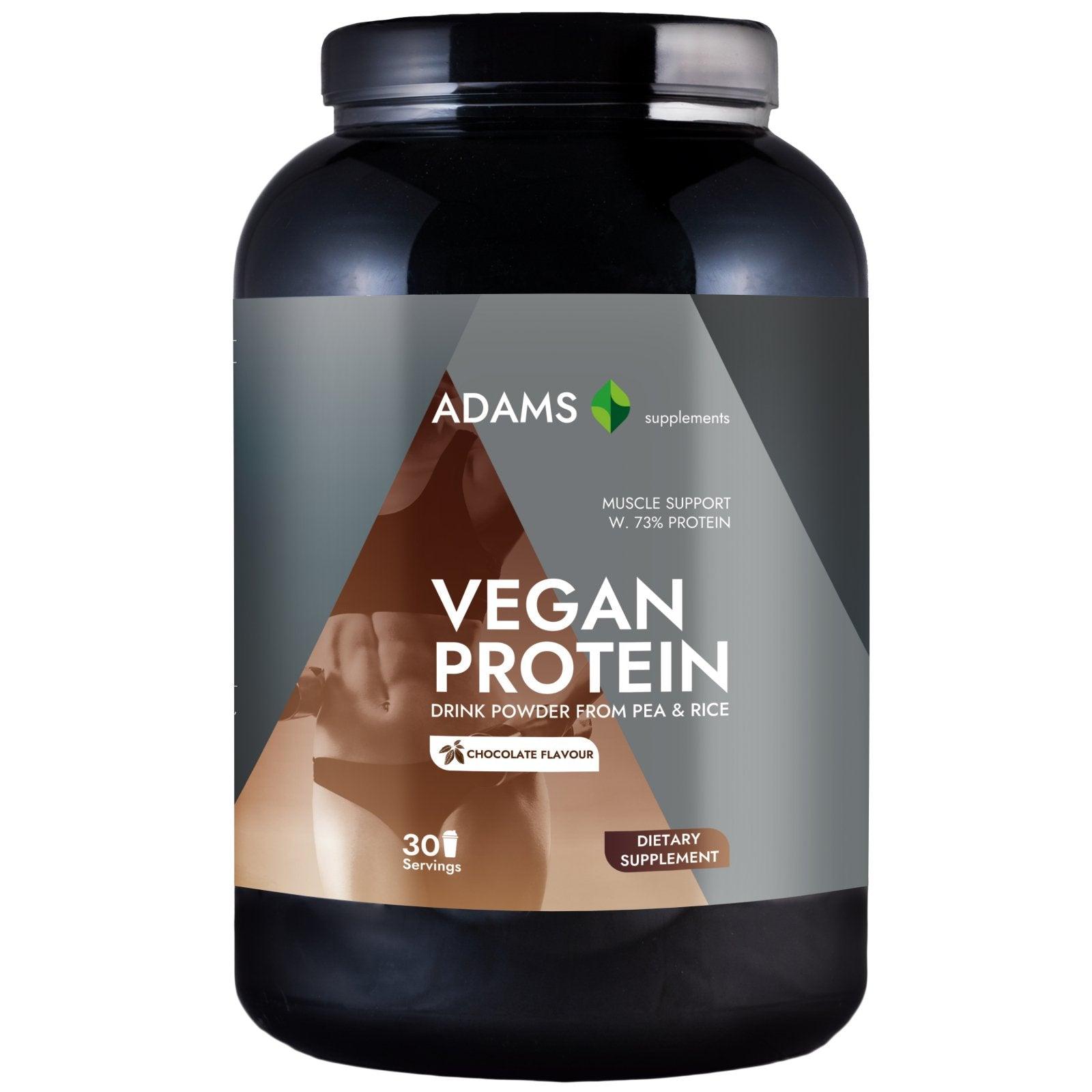 Vegan protein powder by Adams Supplements in 908g container, chocolate flavor, showing the product packaging and label.