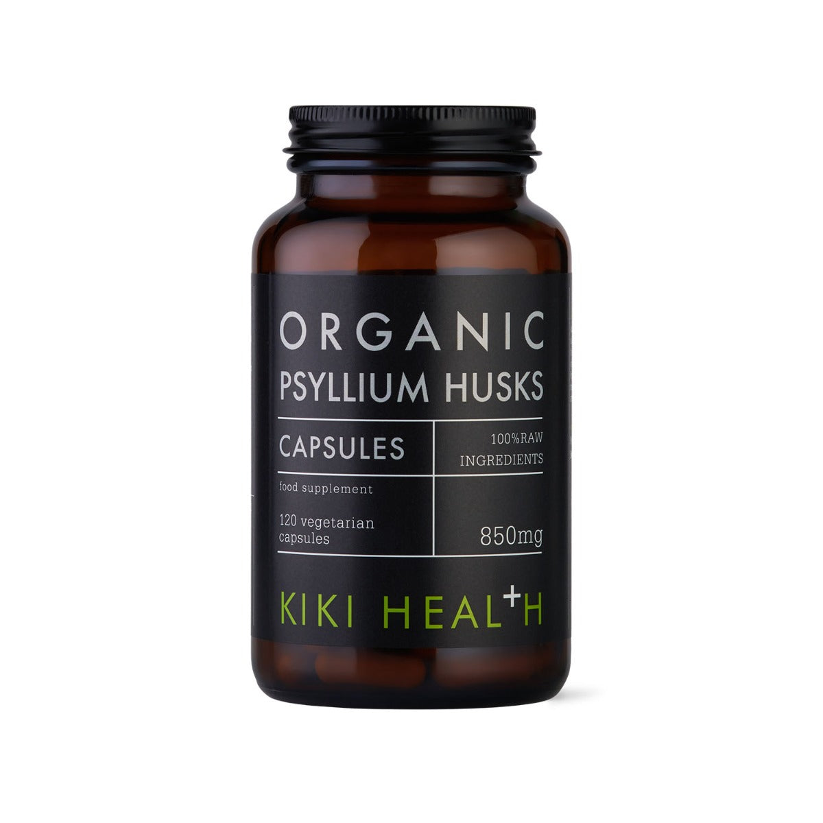 Organic Psyllium Husks in 120 Vegicaps by Kiki Health, showcasing the capsule bottle and label details.