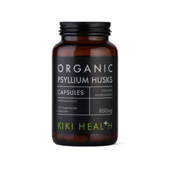 Organic Psyllium Husks in 120 Vegicaps by Kiki Health, showcasing the capsule bottle and label details.