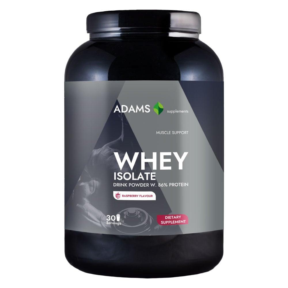 Adams Supplements whey isolate protein powder in 908g package with raspberry flavor, showing a scoop of powder and raspberry fruit.
