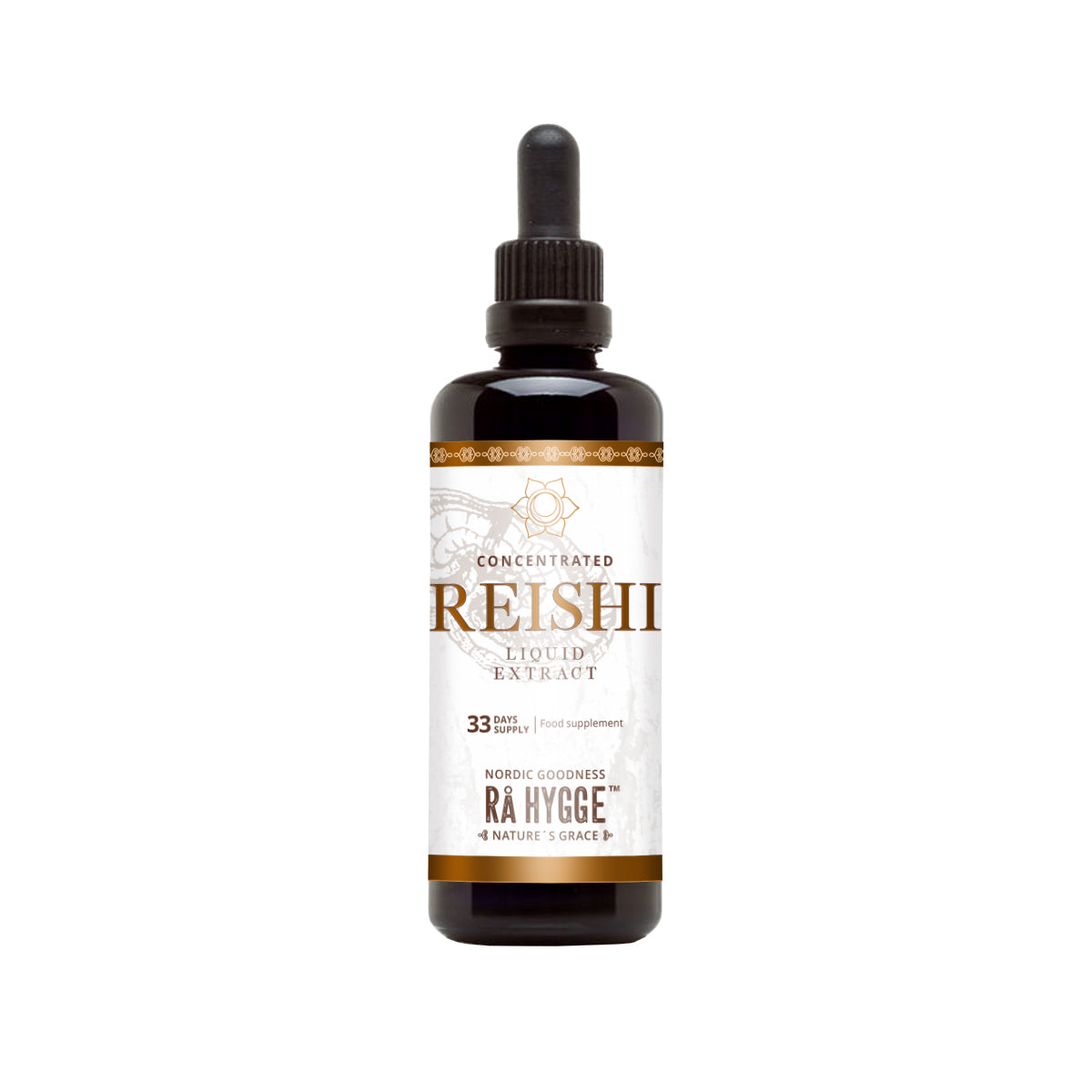 Herbalistas Rå Hygge BIO Reishi Liquid supplement in 100ml dropper bottle, alcohol-free herbal extract for wellness.