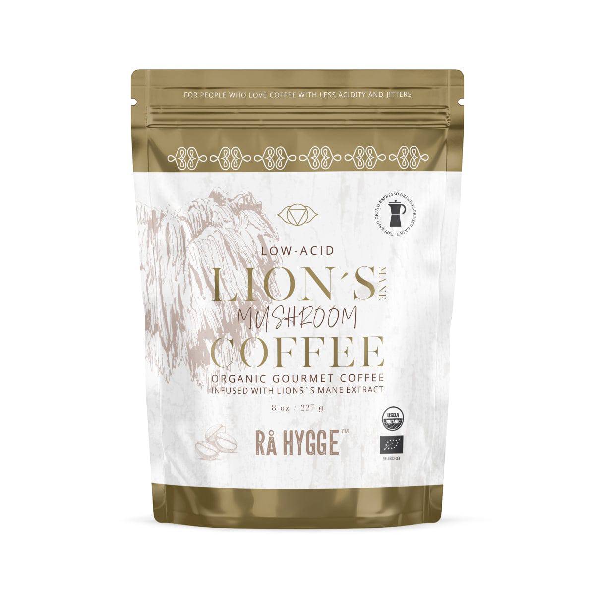 Herbalistas Rå Hygge Lions Mane Mushroom Coffee Espresso ground in 227g doypack, organic coffee with mushroom extract.