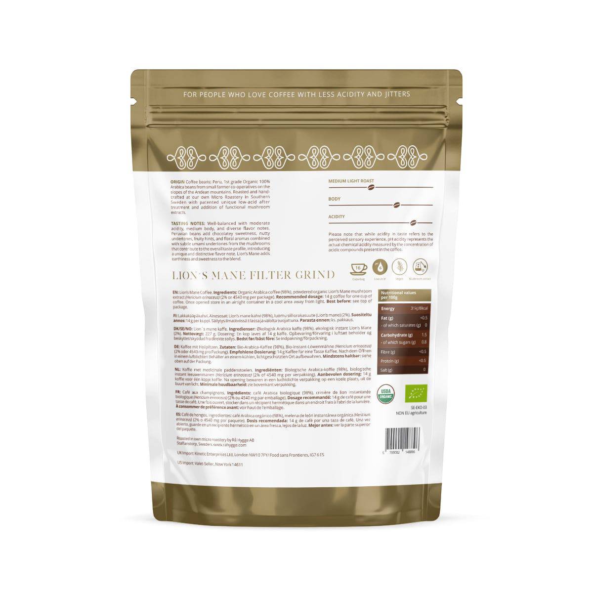 Herbalistas Rå Hygge Lions Mane Mushroom Coffee, filter ground, 227g bag with back view of doypack packaging.