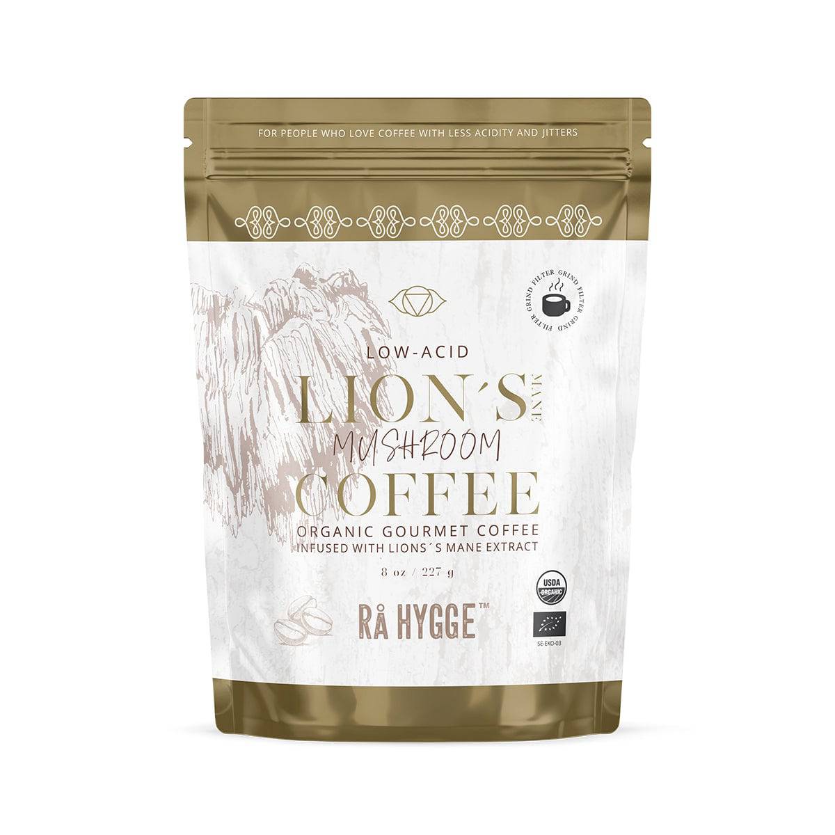 Herbalistas Rå Hygge Lions Mane Mushroom Coffee filter ground in a 227g doypack, healthy organic coffee blend with mushroom extracts.