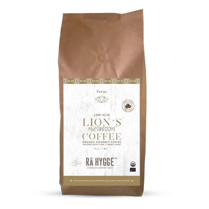 Herbalistas Rå Hygge Lions Mane Mushroom Coffee whole beans in a 1kg resealable bag, showcasing the coffee beans inside.