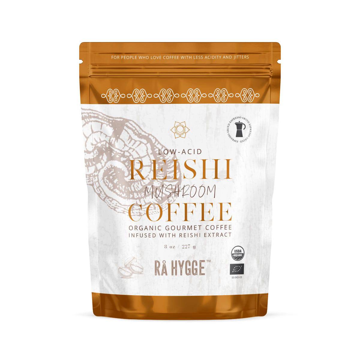 Herbalistas Rå Hygge BIO Reishi Mushroom Coffee espresso ground in a 227g doypack, featuring rich, earthy coffee grounds.