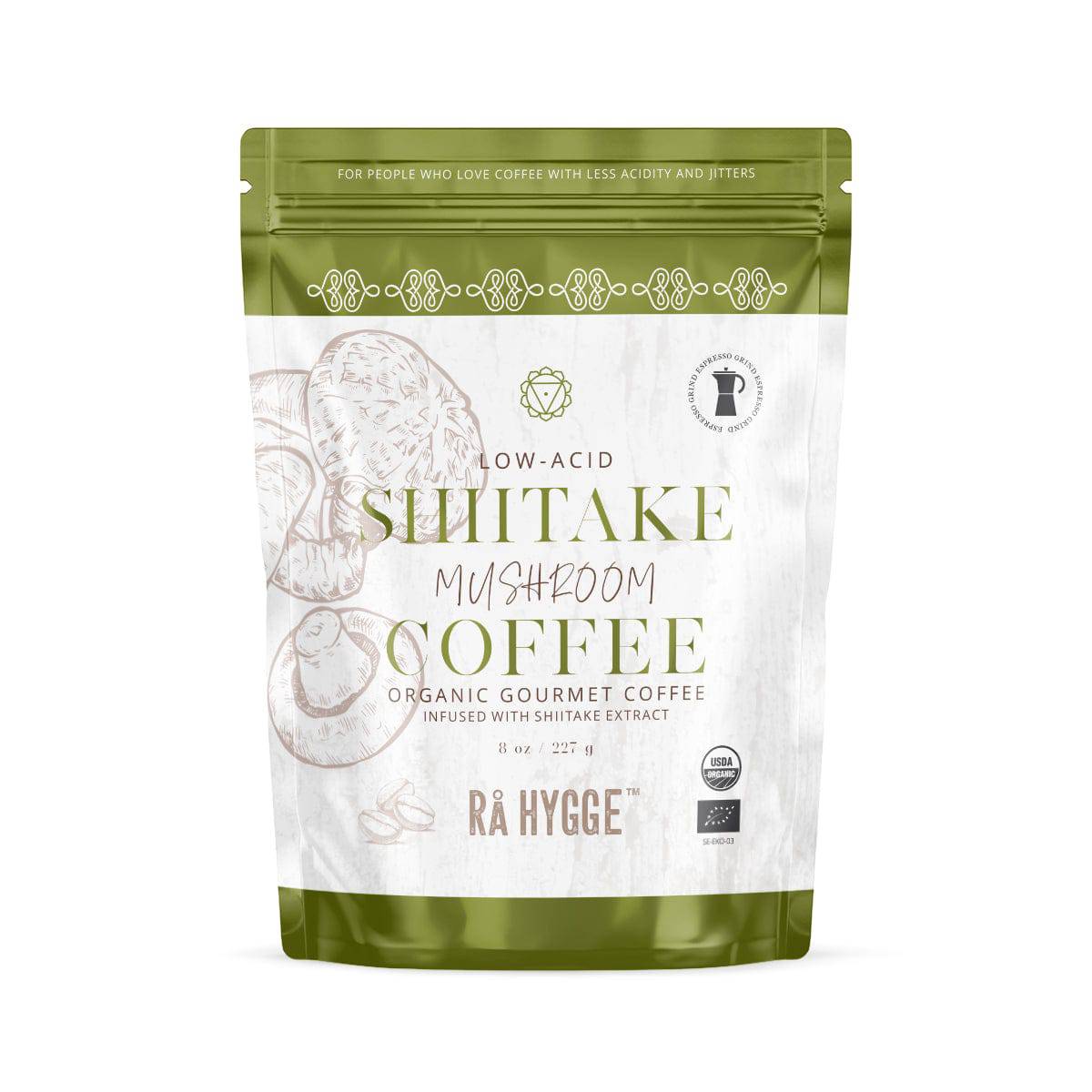 Herbalistas Rå Hygge BIO Shiitake Mushroom Coffee espresso ground in a 227g doypack, featuring earthy mushroom and coffee blend.