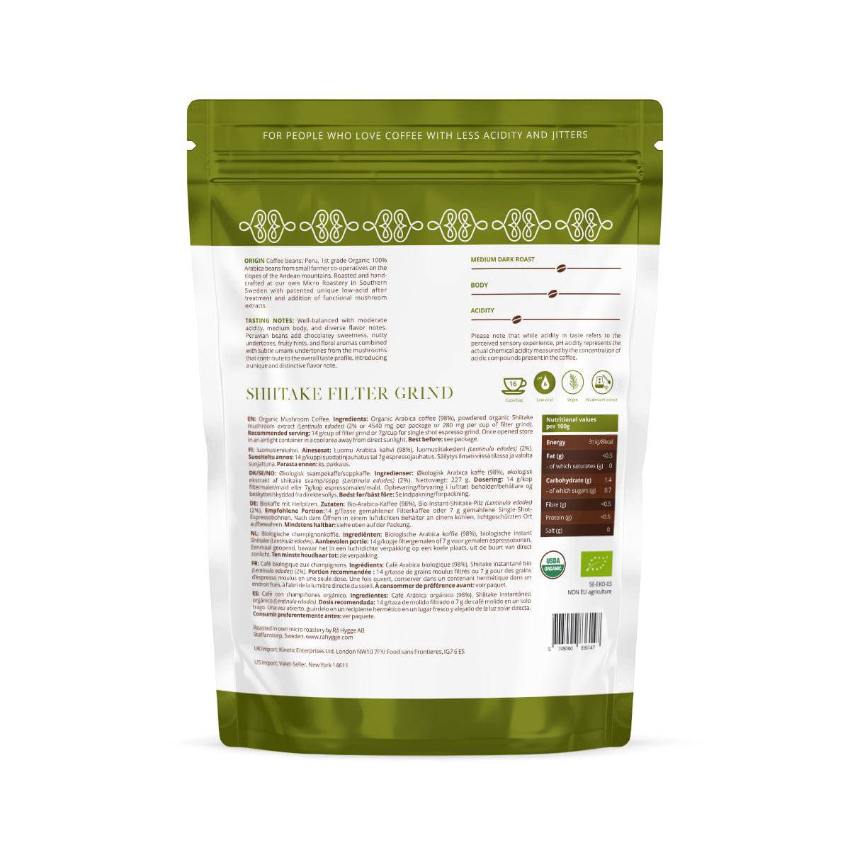 Herbalistas Rå Hygge BIO Shiitake Mushroom Coffee filter ground in a 227g doypack, showing the back of the packaging.
