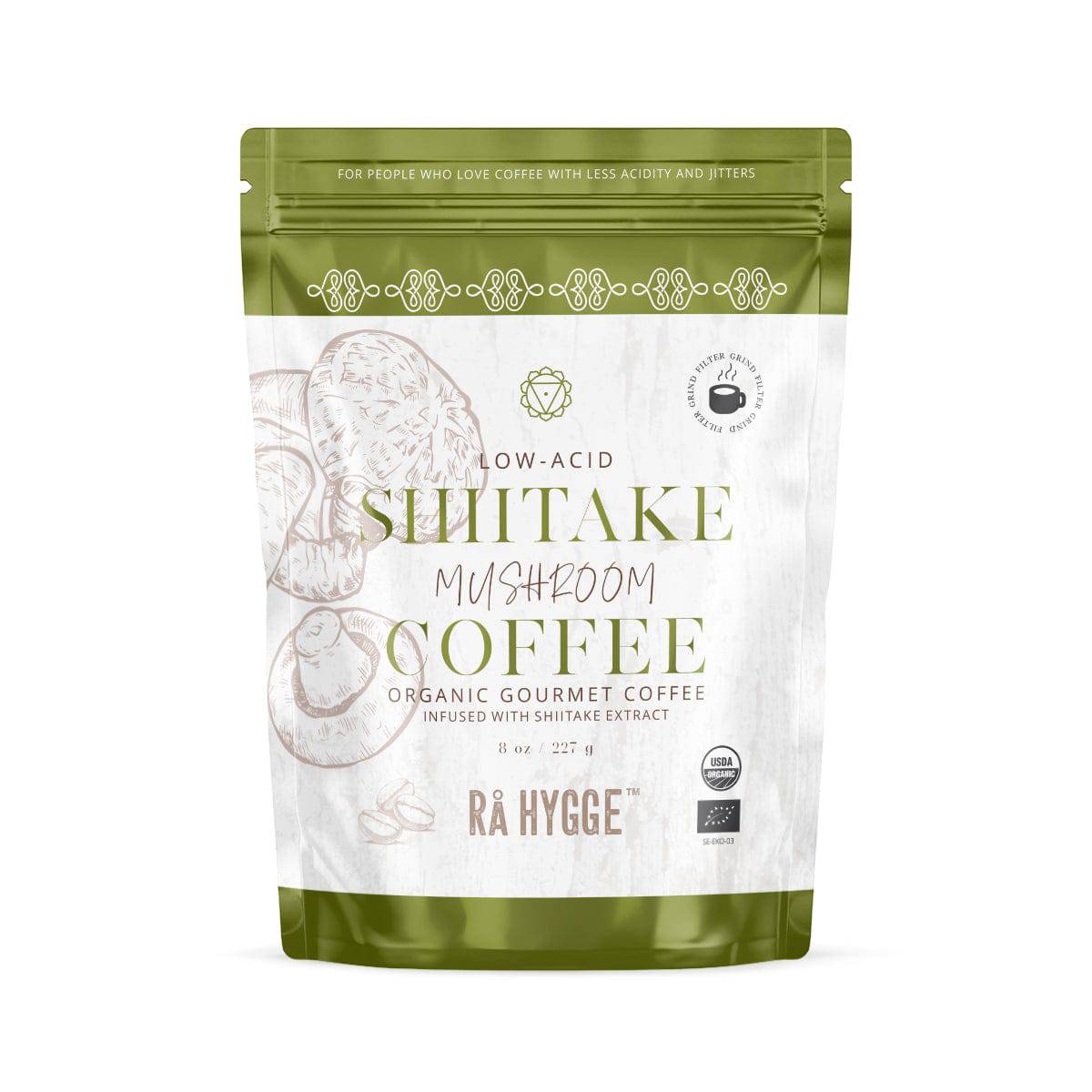 Bag of Herbalistas Rå Hygge BIO Shiitake Mushroom Coffee, filter ground, 227g package with earthy mushroom coffee blend.