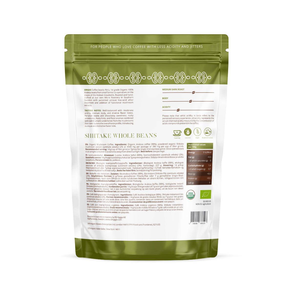 Herbalistas Rå Hygge BIO Shiitake Mushroom Coffee whole beans in a 227g resealable bag, featuring a back view of the packaging.