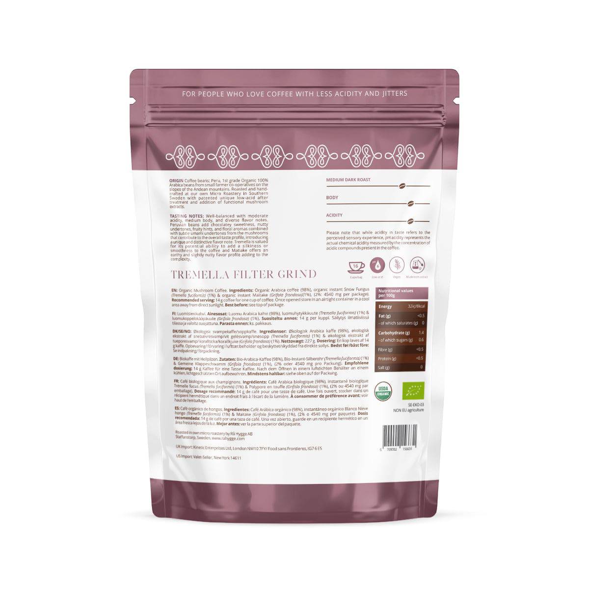 Herbalistas Rå Hygge BIO Tremella and Maitake Mushroom Coffee filter ground in a 227g doypack, back view with packaging details.