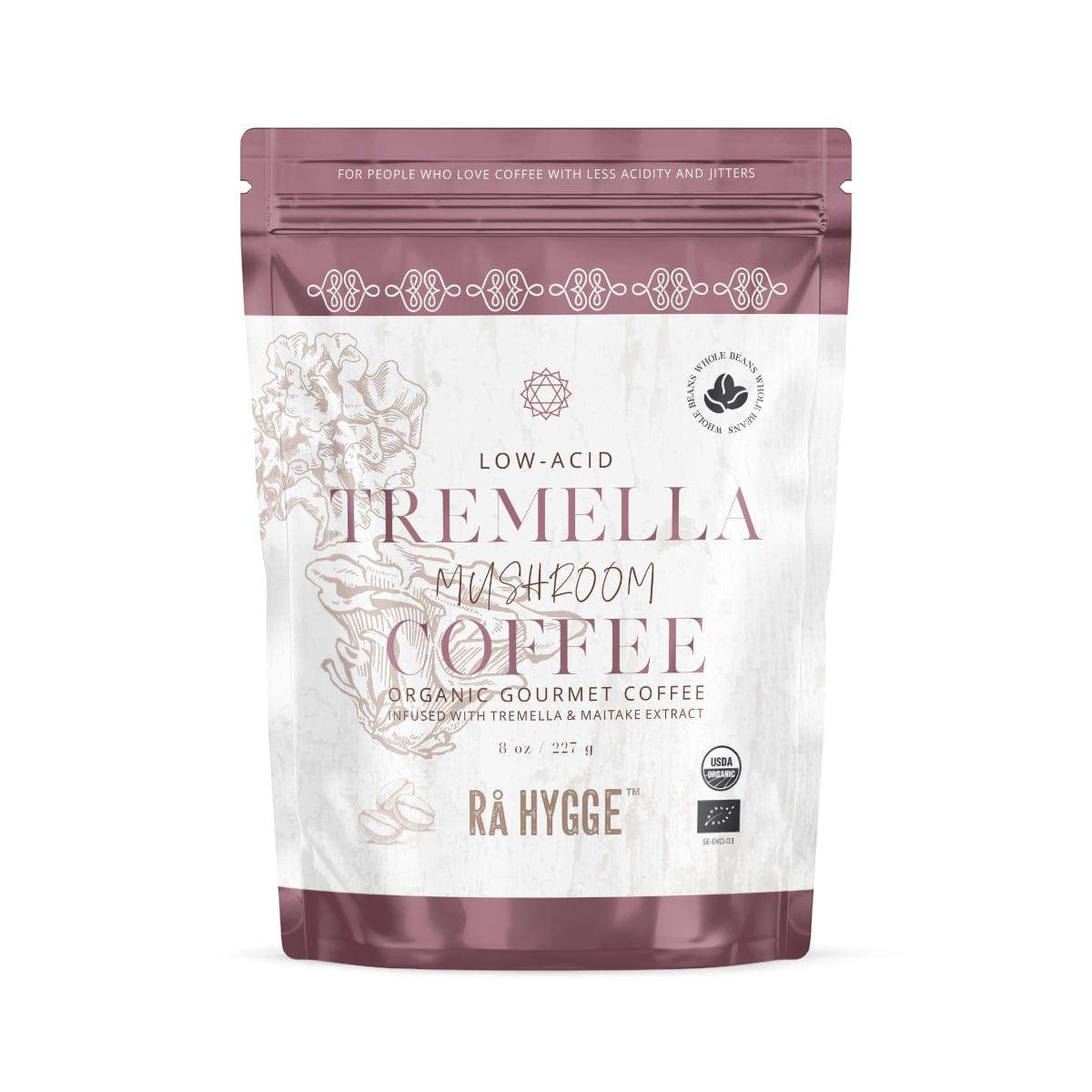 Herbalistas Rå Hygge organic coffee beans with Tremella and Maitake mushrooms in a 227g resealable bag.