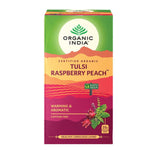 Organic India Tulsi Raspberry Peach Tea with caffeine-free infusion bags, featuring fresh raspberry and peach flavor in a vibrant package.
