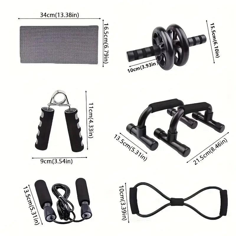 Red 7-piece TEMU abs workout set including push-up stand, ab wheel, resistance band, jump rope, mini mat, and hand gripper.