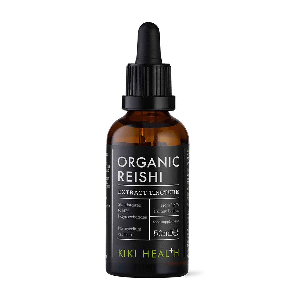 Organic Reishi extract tincture by Herbalistas in a 50ml bottle, shown with dropper cap and dark glass container.