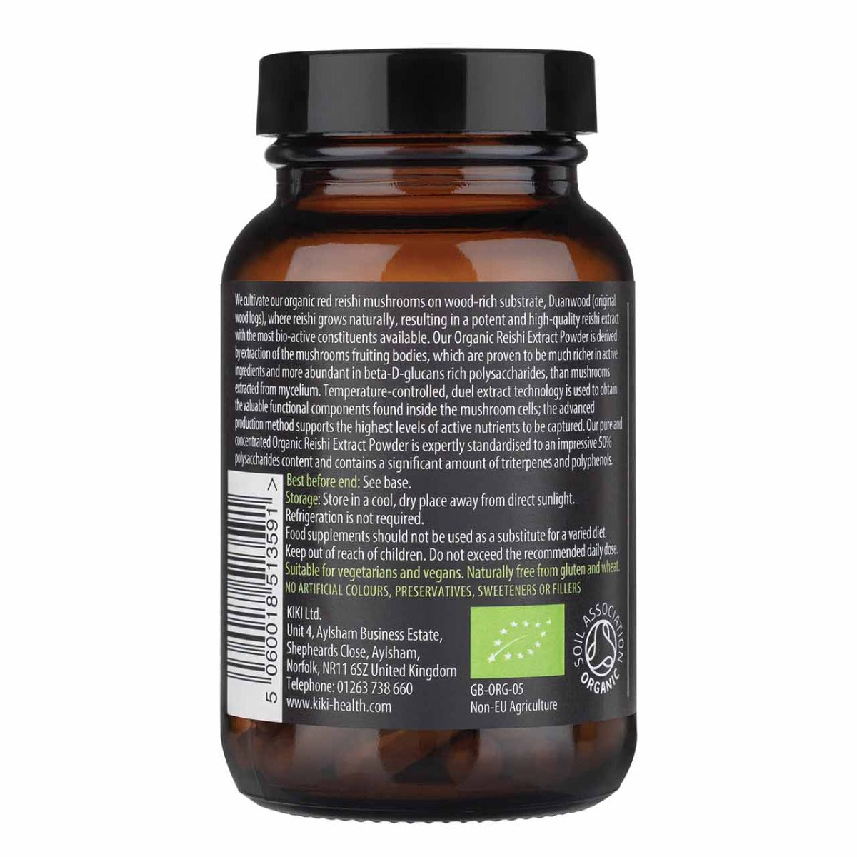 Organic Reishi Mushroom supplement by HERBALISTAS in 60 vegicaps, featuring a close-up of the supplement bottle with caps visible.