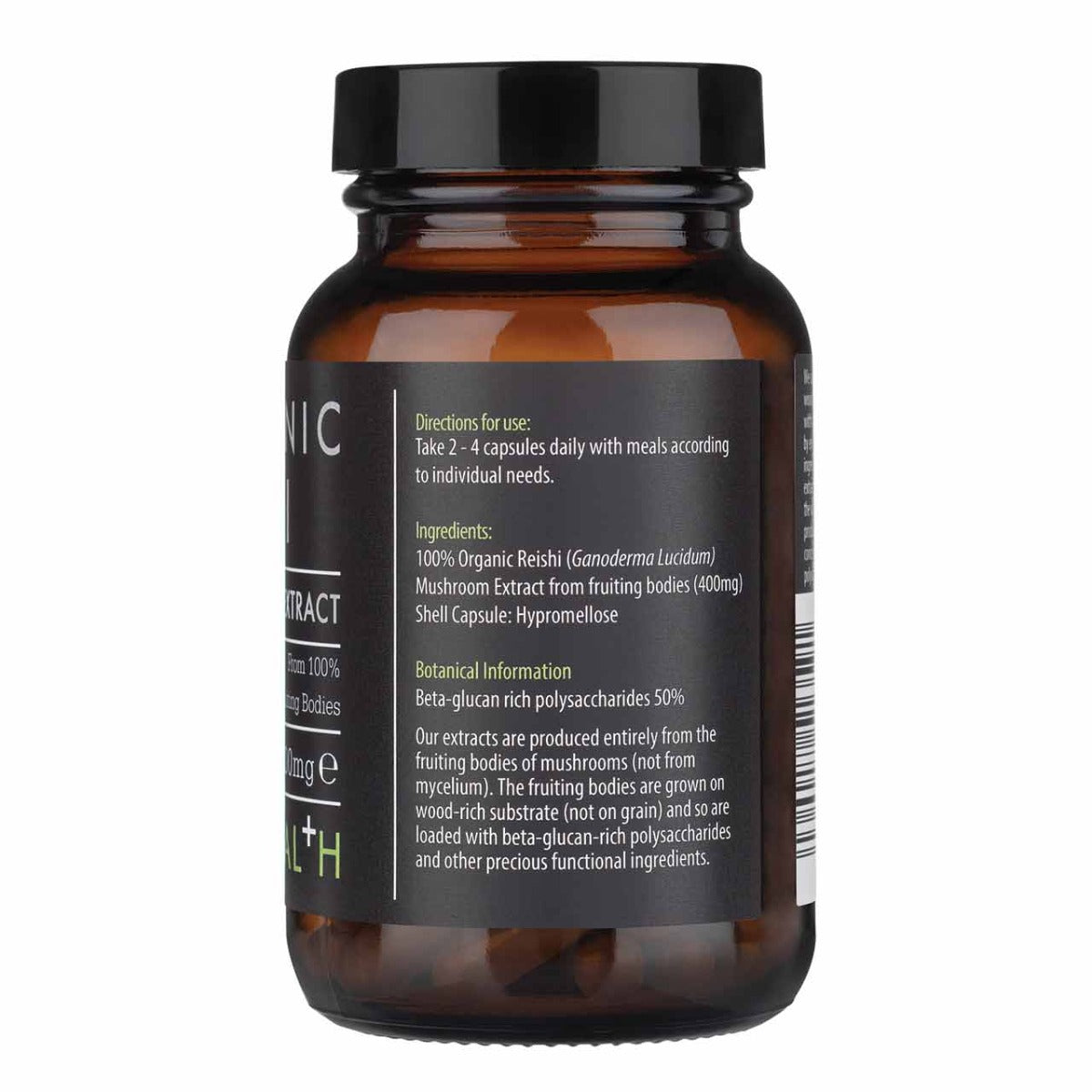 Organic Reishi Mushroom Extract supplement by HERBALISTAS in 60 vegicaps, showing the capsules and label on the bottle.