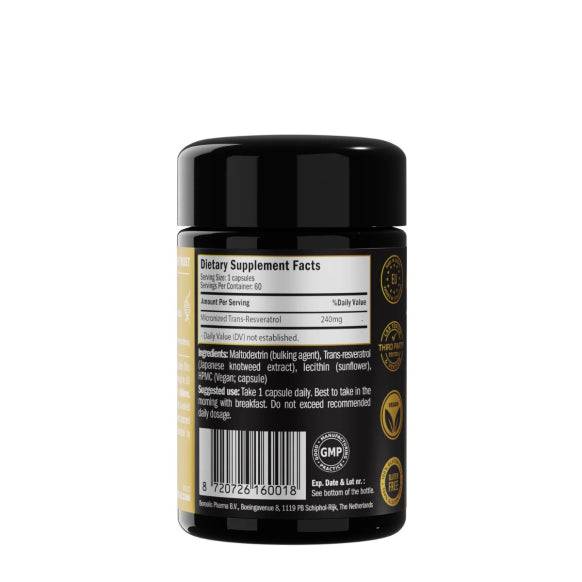 Herbalistas Liposomal Trans-Resveratrol 250mg vegan capsules bottle, showing the back label with supplement details.
