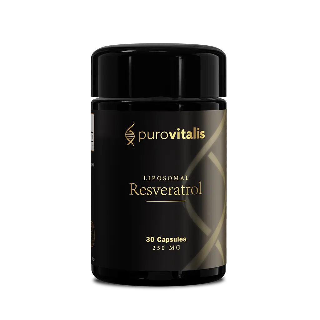 Herbalistas Purovitalis Liposomal Trans-Resveratrol supplement bottle with 30 vegan capsules, front view.
