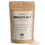 Herbalistas Himalayan salt cupplement in 1kg package, showing coarse pink mineral salt crystals on a white background.