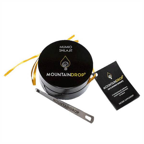 Herbalistas MountainDrop Shilajit Resin 25g jar showing the dark, sticky natural Mumijo extract for wellness and energy support.