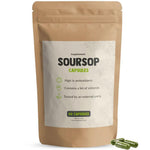 Herbalistas Soursop Extract supplement in 60 capsules, showing a bottle with green and white label and fresh soursop fruit.