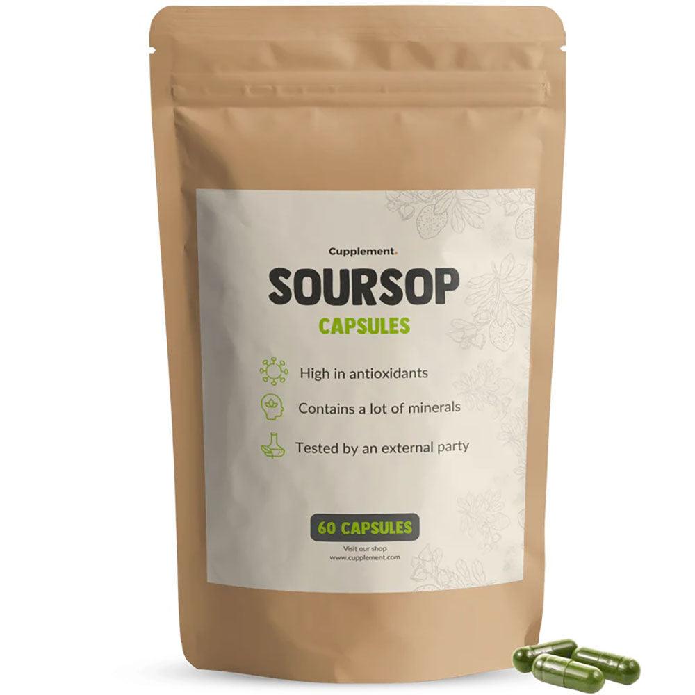 Herbalistas Soursop Extract supplement in 60 capsules, showing a bottle with green and white label and fresh soursop fruit.