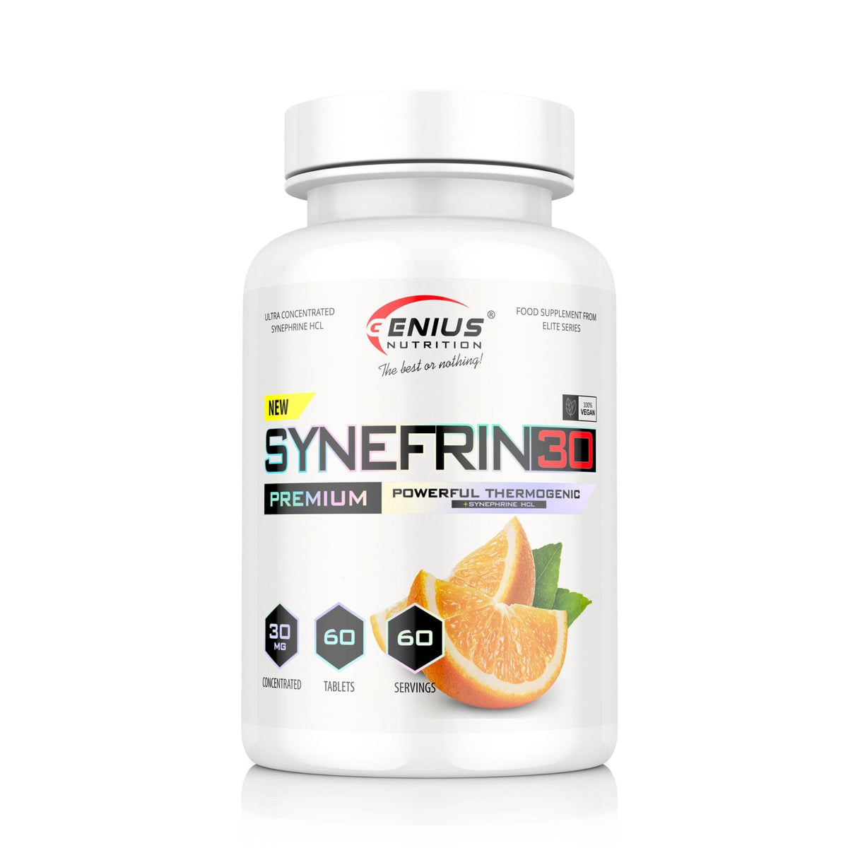 Genius Nutrition SYNEFRIN30 supplement box with 60 tablets, showing the label and product packaging.