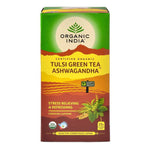 Organic India BIO Tulsi Green Tea with Ashwagandha in a box of 25 infusion bags, featuring green tea leaves and herbal ingredients.