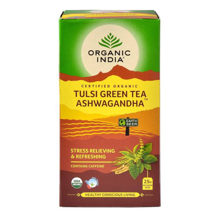 Organic India BIO Tulsi Green Tea with Ashwagandha in a box of 25 infusion bags, featuring green tea leaves and herbal ingredients.