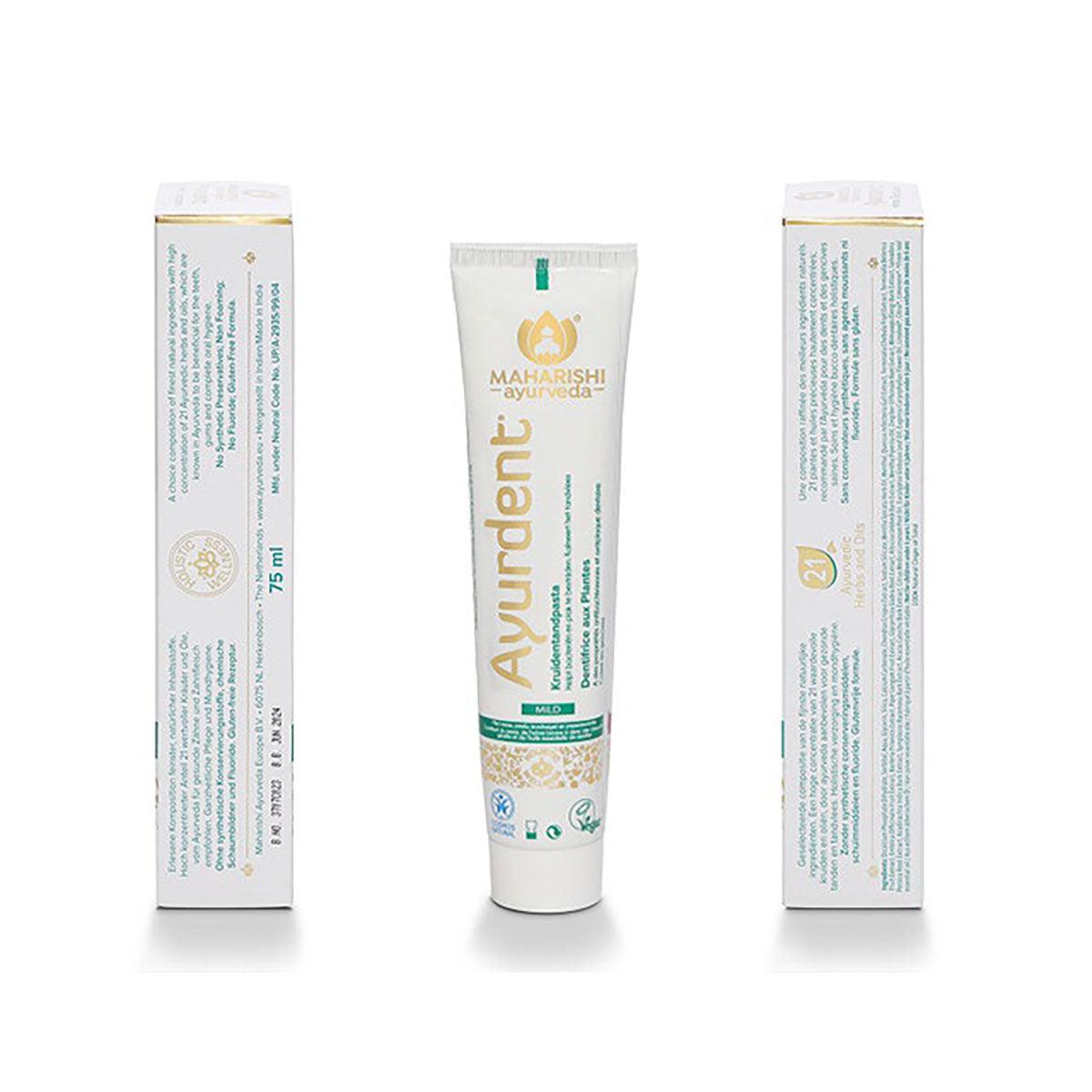 Herbalistas Maharishi Ayurveda Ayurdent Mild Toothpaste 75ml tube with herbal ingredients and gentle whitening formula.