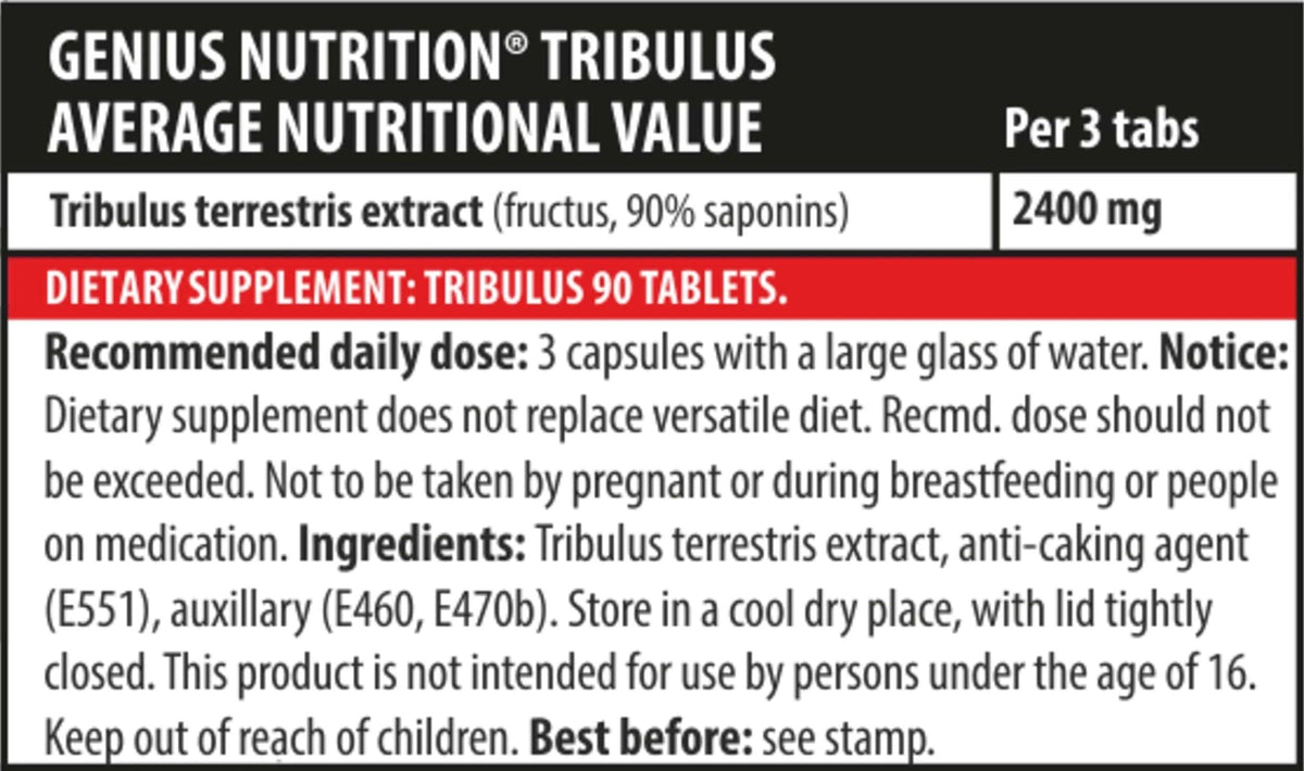 Genius Nutrition Tribulus supplement bottle with 90 tablets, dietary supplement for natural health support.