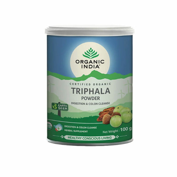 Organic India BIO Triphala Powder in a 100g package, herbal supplement with dried triphala fruit for digestive health.