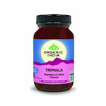 Organic India BIO Triphala capsules by Herbalistas, showcasing a bottle of 90 herbal supplement capsules on a white background.