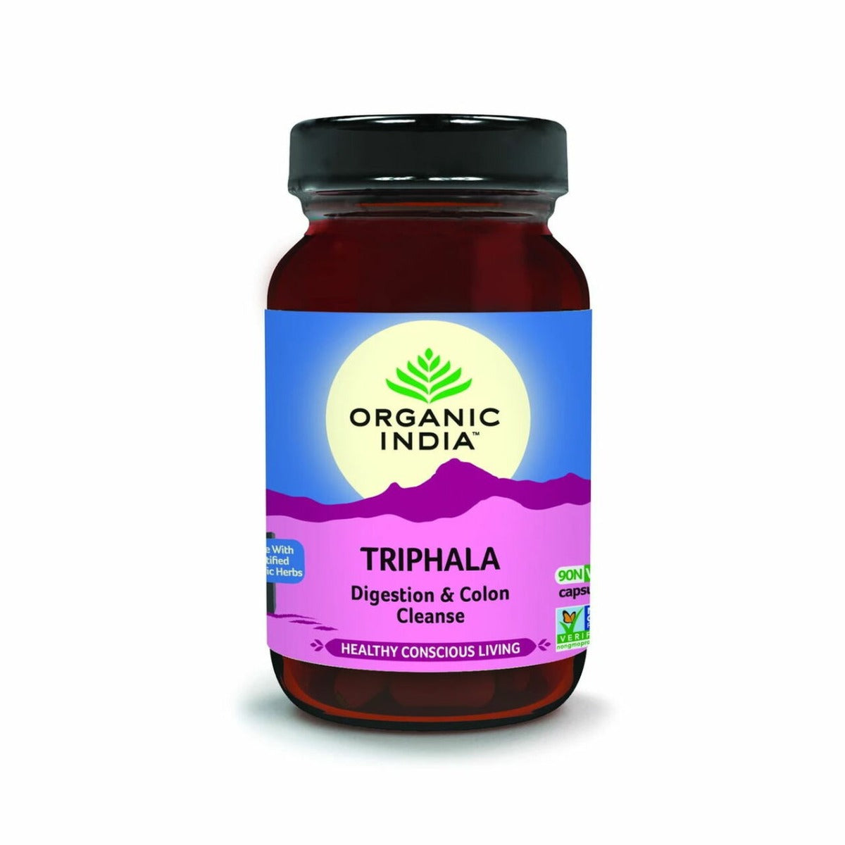 Organic India BIO Triphala capsules by HERBALISTAS, 90 softgel capsules for digestive health and overall wellness.