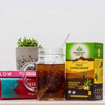 Organic India BIO Tulsi Lemon Ginger Tea in 25 infusion bags, featuring fresh lemon and ginger herbs in a caffeine-free herbal tea.