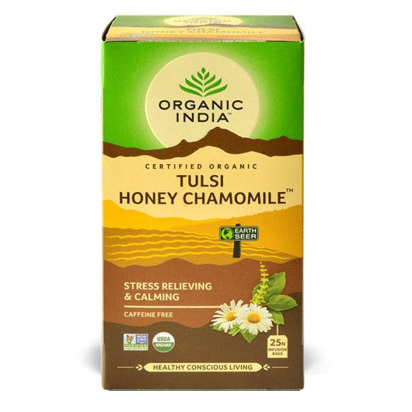 Organic India BIO Tulsi Honey Chamomile herbal tea infusion bags, caffeine-free, featuring calming chamomile and tulsi leaves.