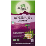 Organic India BIO Tulsi Green Tea with Jasmine, 25 infusion bags, showcasing fragrant herbal tea with jasmine blossoms and green tea leaves.