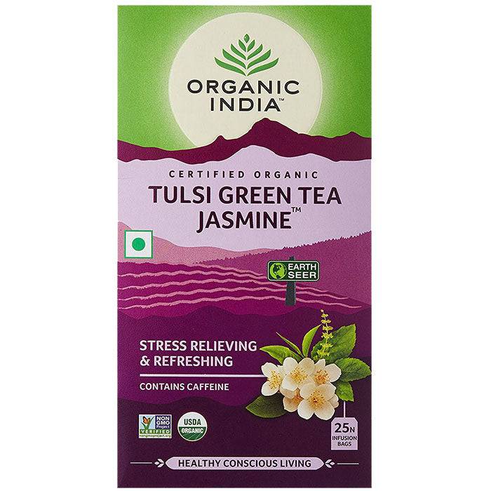 Organic India BIO Tulsi Green Tea with Jasmine, 25 infusion bags, showcasing fragrant herbal tea with jasmine blossoms and green tea leaves.