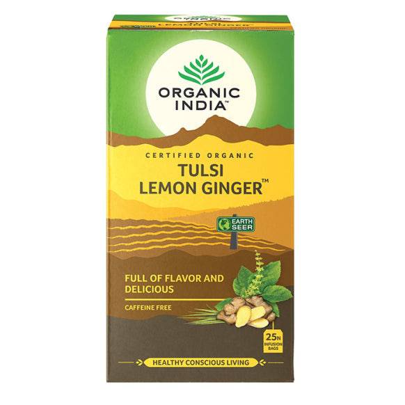 Organic India BIO Tulsi Lemon Ginger herbal tea infusion bags, caffeine-free with fresh lemon and ginger flavor.