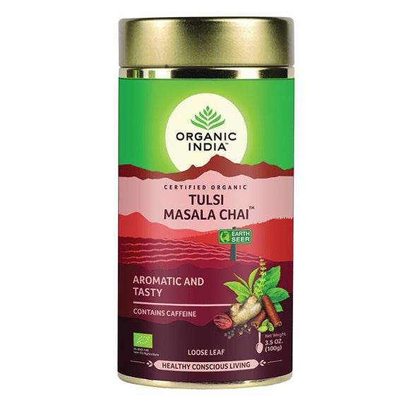 Organic India BIO Tulsi Masala loose leaf tea in a 100g tin, featuring aromatic herbal tea leaves with traditional spices.