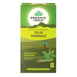 Organic India BIO Tulsi Moringa herbal tea in a box with 25 caffeine-free infusion bags, featuring fresh herbal ingredients.