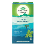 Organic India BIO Tulsi Peppermint herbal tea in 25 infusion bags, featuring fresh peppermint leaves and tulsi herbs.