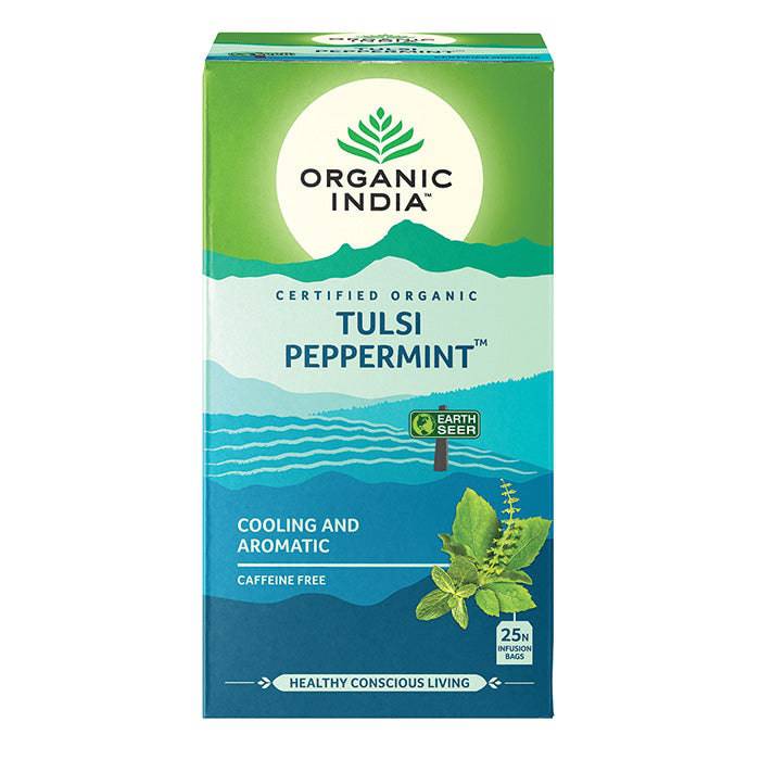 Organic India BIO Tulsi Peppermint herbal tea in 25 infusion bags, featuring fresh peppermint leaves and tulsi herbs.