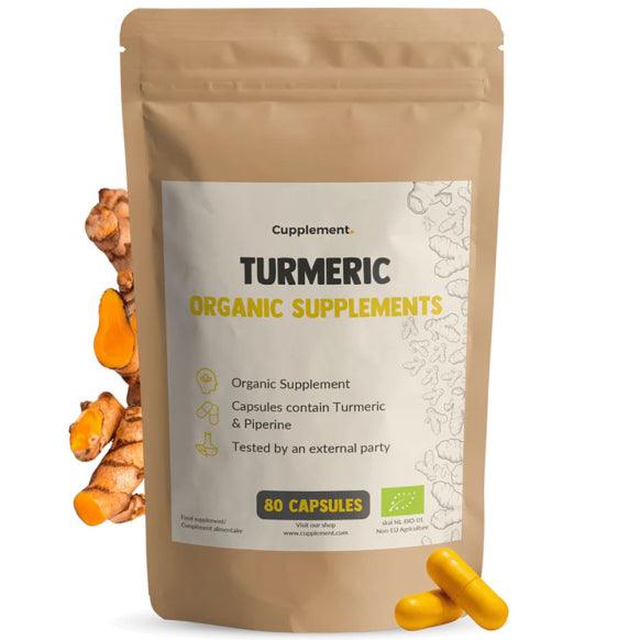 Organic turmeric capsules in a bottle, Herbalistas BIO Turmeric supplement, 600mg per capsule, 80 capsules for natural health.