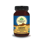 Organic India BIO Turmeric Formula capsules by Herbalistas, showing a close-up of the supplement bottle and turmeric capsules.
